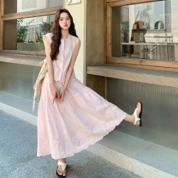 Tender Pink Ladies Embroidered Hollow Sleeveless Top Half Skirt Set for Women 2025 Summer French Style Gentle and Vitality Two Piece Set
