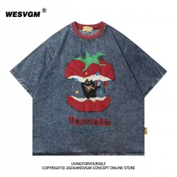 WESVGM Japanese retro fun cat embroidery denim short sleeved T-shirt for men and women summer loose half sleeved top trend