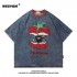 WESVGM Japanese retro fun cat embroidery denim short sleeved T-shirt for men and women summer loose half sleeved top trend