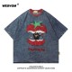 WESVGM Japanese retro fun cat embroidery denim short sleeved T-shirt for men and women summer loose half sleeved top trend WESVGM Japanese retro fun cat embroidery denim short sleeved T-shirt for men and women summer loose half sleeved top trend