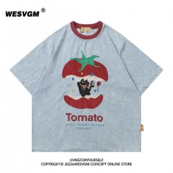WESVGM Japanese retro fun cat embroidery denim short sleeved T-shirt for men and women summer loose half sleeved top trend