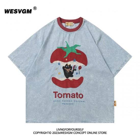 WESVGM Japanese retro fun cat embroidery denim short sleeved T-shirt for men and women summer loose half sleeved top trend WESVGM Japanese retro fun cat embroidery denim short sleeved T-shirt for men and women summer loose half sleeved top trend