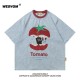 WESVGM Japanese retro fun cat embroidery denim short sleeved T-shirt for men and women summer loose half sleeved top trend WESVGM Japanese retro fun cat embroidery denim short sleeved T-shirt for men and women summer loose half sleeved top trend