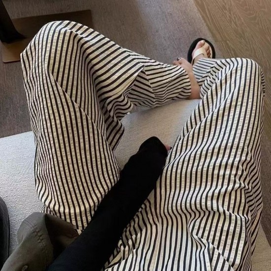 New minimalist and sweet black and white striped sleeping pants for women in plus size, loose and casual for home use, can be worn outside, and long pants for strolling New minimalist and sweet black and white striped sleeping pants for women in plus size, loose and casual for home use, can be worn outside, and long pants for strolling