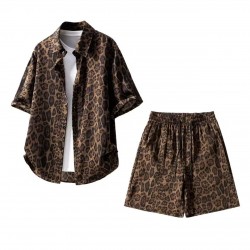 Summer new leopard print American style full print handsome shirt, casual short sleeved shorts set, versatile and trendy two-piece set
