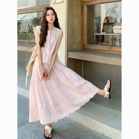 Tender Pink Ladies Embroidered Hollow Sleeveless Top Half Skirt Set for Women 2025 Summer French Style Gentle and Vitality Two Piece Set Tender Pink Ladies Embroidered Hollow Sleeveless Top Half Skirt Set for Women 2025 Summer French Style Gentle and Vitality Two Piece Set
