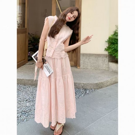 Tender Pink Ladies Embroidered Hollow Sleeveless Top Half Skirt Set for Women 2025 Summer French Style Gentle and Vitality Two Piece Set Tender Pink Ladies Embroidered Hollow Sleeveless Top Half Skirt Set for Women 2025 Summer French Style Gentle and Vitality Two Piece Set
