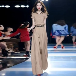 Versatile Fashion Temperament Set for Women 2025 Summer New Style Thin Short sleeved Shirt Wide Leg Pants Women's Trendy Versatile Fashion Temperament Set