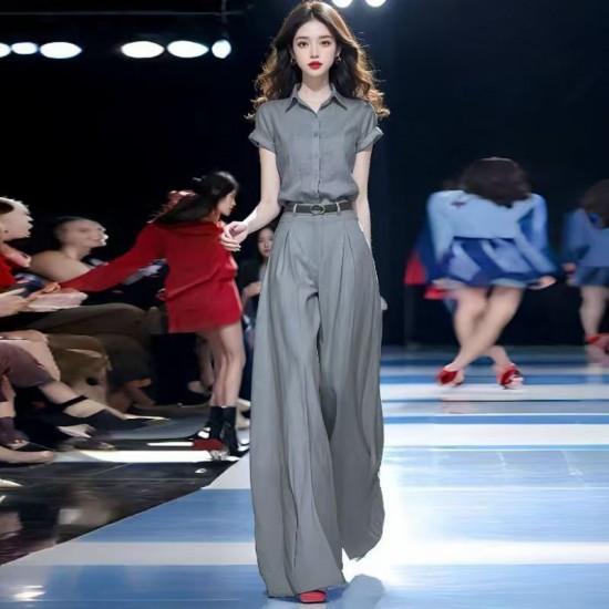 Versatile Fashion Temperament Set for Women 2025 Summer New Style Thin Short sleeved Shirt Wide Leg Pants Women's Trendy Versatile Fashion Temperament Set Versatile Fashion Temperament Set for Women 2025 Summer New Style Thin Short sleeved Shirt Wide Leg Pants Women's Trendy Versatile Fashion Temperament Set