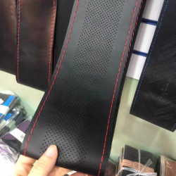 (Top layer leather) Hand sewn leather steering wheel cover, car handle cover, perforated anti slip suction Sweat ultra-thin all season universal type